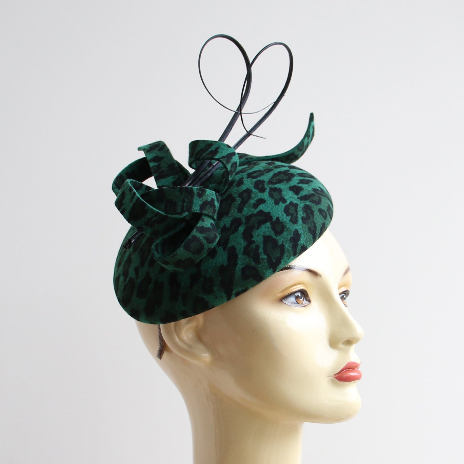 Wool Felt Pillbox Hat in Leopard Print with a Twist and Quills
